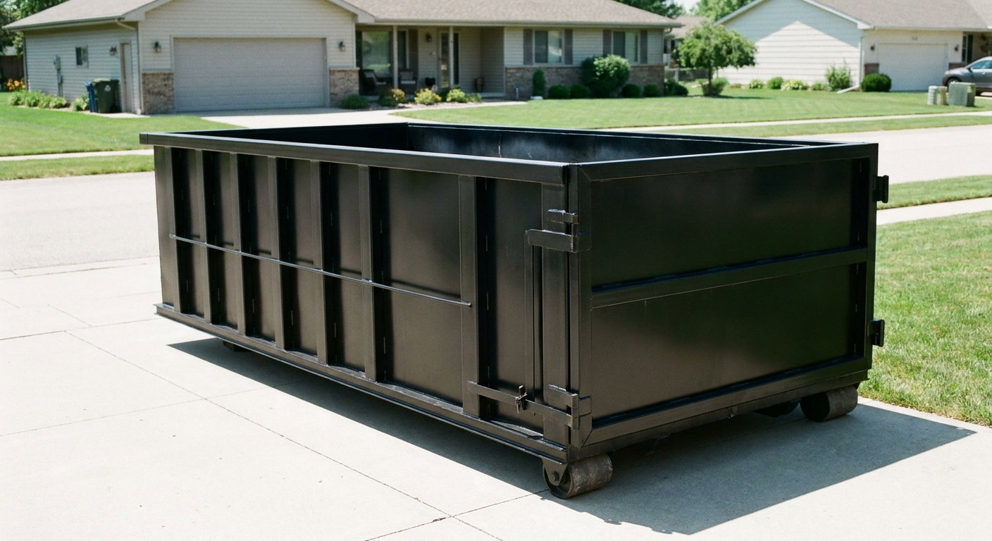 Matte-black 10-yard roll-off dumpster on a residential concrete driveway in Secaucus, uniformly painted matte black across every panel and rail, ribbed steel sidewalls and rear swing door visible, mid-day daylight.