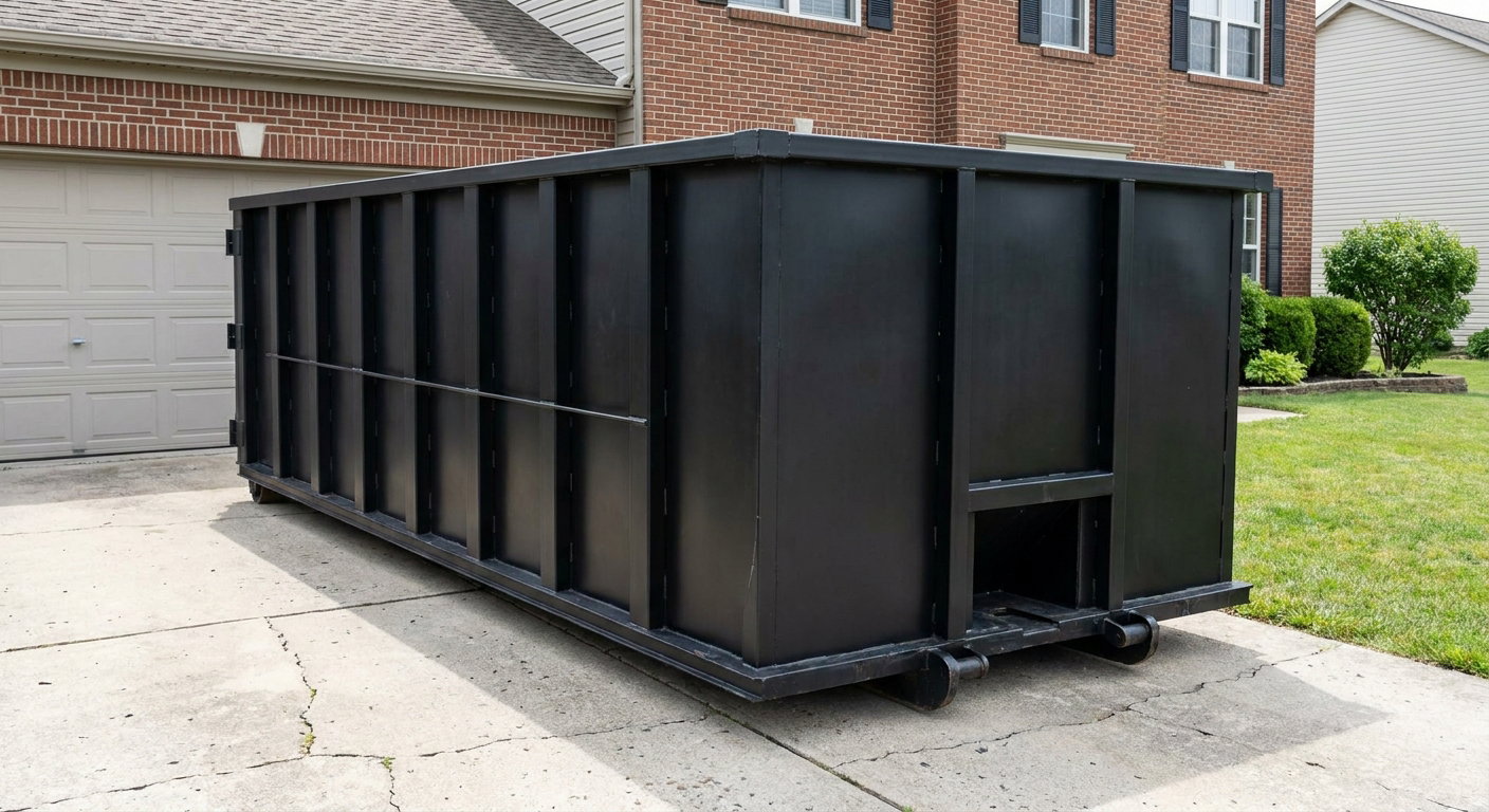 Matte-black 20-yard roll-off container on a Secaucus residential concrete driveway with reinforced ribbed steel sidewalls and a hinged rear walk-in door, clean bright daylight.