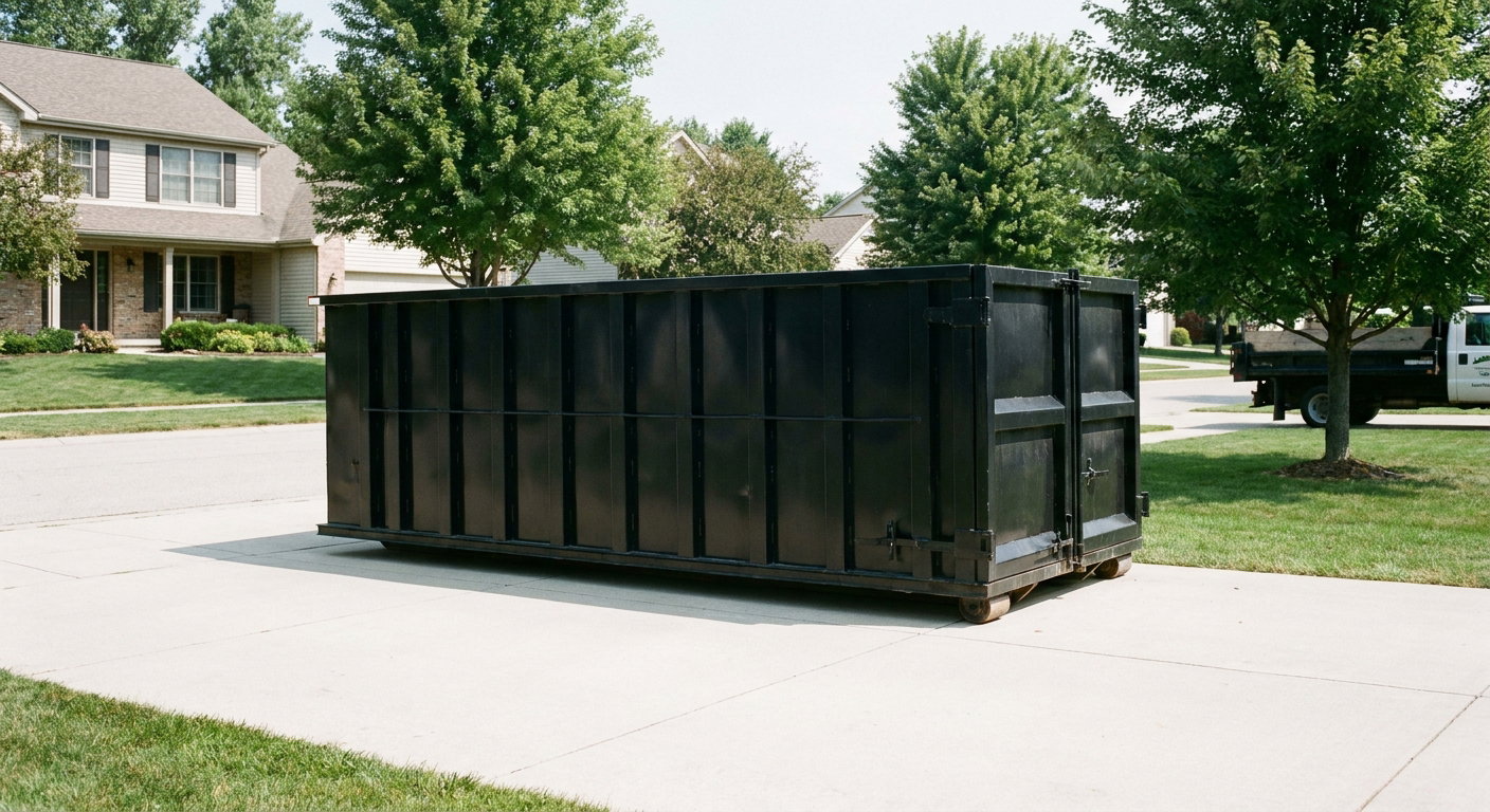 Matte-black 20-yard roll-off dumpster sitting level on a clean Secaucus residential concrete driveway under bright daylight, demonstrating clean placement directly on the concrete.