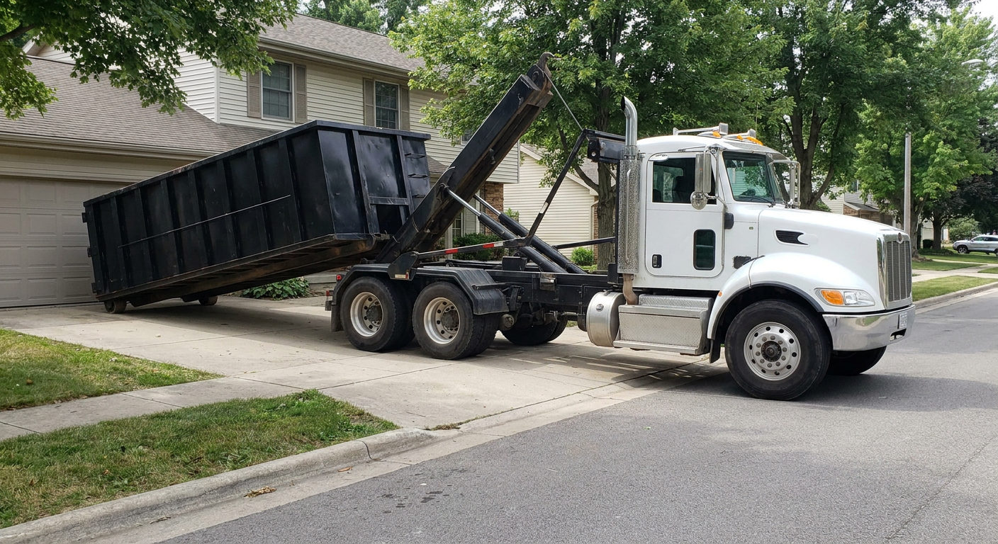 White-cab hooklift roll-off truck actively lowering a matte-black dumpster onto a Secaucus residential concrete driveway, the dumpster's rear wheels touching the driveway as the hoist arm tilts the bed forward, mid-morning daylight.